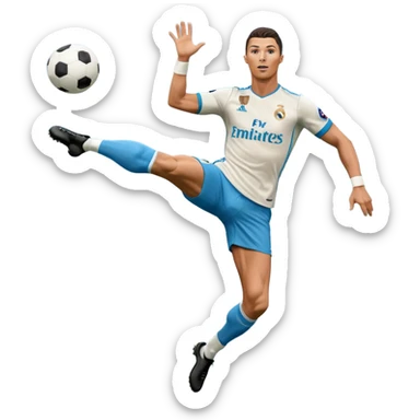 Ronaldo doing a bicycle kick with football in mid air While wearing a Retro blue Real madrid kit and yes i want it to be exactly the same as he Scored it in 2018 vs Juventus  sticker