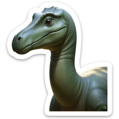 Beautiful and Majestic Brontosaurus Portrait Emoji, Head and body rendered in serene repose with a gentle, confident smile, showcasing its enormous, graceful neck and a massive, textured form with eyes softly closed in tranquil repose, Simplified yet exquisitely endearing features, highly detailed, glowing with a soft, drowsy ancient light, high shine, relaxed and utterly majestic, stylized with an air of timeless prehistoric splendor, soft glowing outline, capturing the essence of a beautiful and majestic Brontosaurus that embodies the serene power of the ancient world! sticker