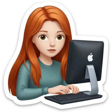 Chica blanca con cabello cobrizo largo en computadora sticker