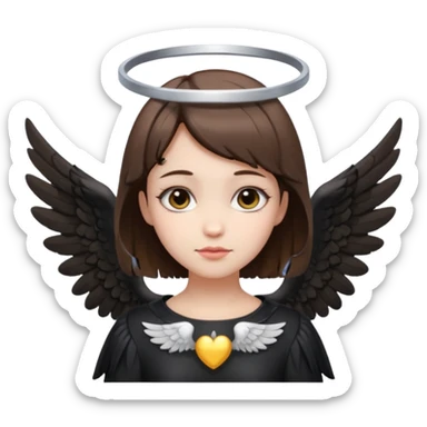 gothic girl with fair skin and short brown hair, angel wings and a halo, modern emoji style sticker