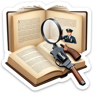 Icon for Action & Crime Reading: an open book with action-packed scenes on the pages, including detectives, chase scenes, and suspenseful moments. Add a gun, handcuffs, and a magnifying glass, while keeping the book as the main focus. Transparent background. sticker