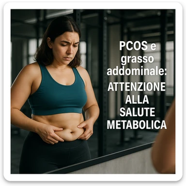 woman in sportswear in front of mirror, observing her abdomen with fat accumulation, reflective expression, gym environment, Italian text: 'PCOS e grasso addominale: attenzione alla salute metabolica', 4K quality sticker