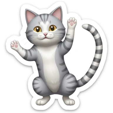 grey and white cat doing a big long stretch reaching up into the air sticker