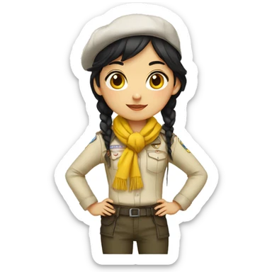 Scout girl with Black hair and brown eyes and a YELLOW knotted scarf and a white shirt with black beret and black pants standing sticker