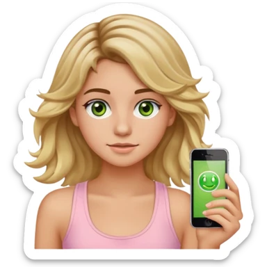 20-year-old girl with long wavy hair brown roots blonde highlights green eyes brown eyebrows good summer tan iPhone emoji style can you make her wear a light pink tank top sticker