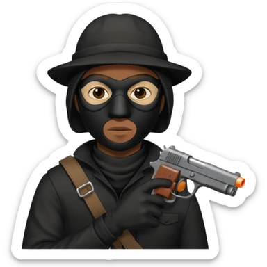 A black male in a robber mask with a gun sticker
