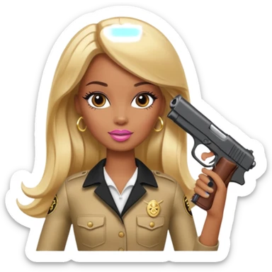 Brown skin blonde hair barbie with black gun sticker
