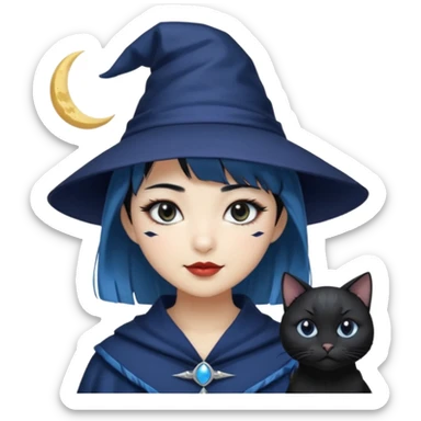 an asian short haired girl with light blue highlighted short raven hair with bangs, with her silver left eye and dark brown right eye, with black cat eyed style eyeliner, and smirk of natural toned lipstick, with dark navy wizard hat with moon emblem on his hat. sticker