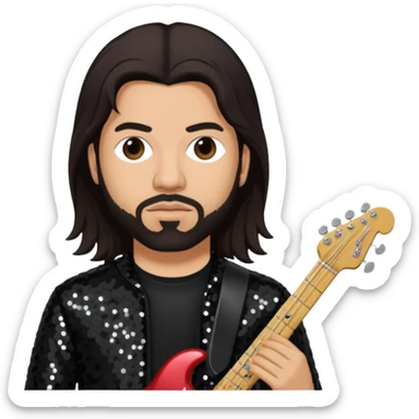 Stephen Carpenter from Deftones with long dark brown hair, light skin, black sequin outfit sticker