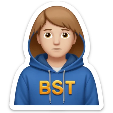 make an image of white person wearing hoodie with "BST" letters on it sticker