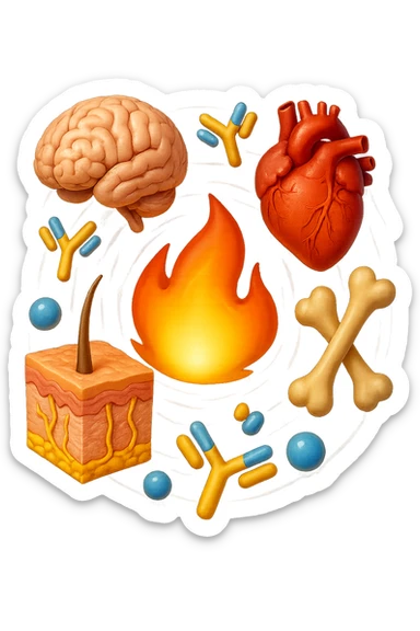 EMOJI STILE IPHONE 3D DI cervello, ossa, cuore, porzione di epidermide e cellule di anticorpi che girano in tondo, al centro di questi elementi c'è una fiamma 3d  FALLO MOLTO REALISTICO IN 3D sticker