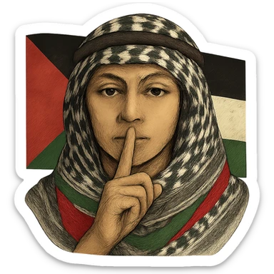 Increase the visibility of the Palestinian flag motif in the background and on the scarf, while keeping the person making the 'shh' gesture as the focus. Remove the background to isolate the subject. The style should maintain the original look and feel of the image. sticker