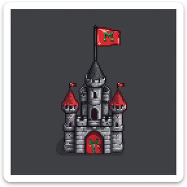 black and red castle with a flag that has the letter M drawn on it sticker