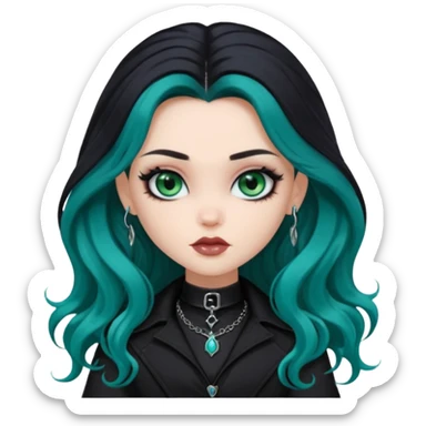 goth bratz baddie, beautiful blue-green eyes, long wavy hair, black gothic hair styled, black goth clothes sticker