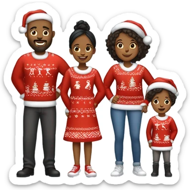 A Black family of four  members with Dad, Mom, Son, and Daughter. The son stands next to Mother. The Daughter stands next to Father. All family members are wearing Christmas sweaters and Santa hats.  sticker