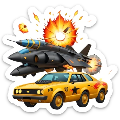 Icon for Action Movies Collage: Collage of iconic action movie elements, including explosions, a hero with weapons, a high-speed chase, and dramatic fight scenes. The design should be dynamic, colorful, and full of energy, capturing the essence of action films. Transparent background. sticker