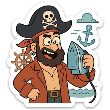 A pirate holding an iron, cartoon style, vibrant colors, playful expression, nautical elements in the background. sticker