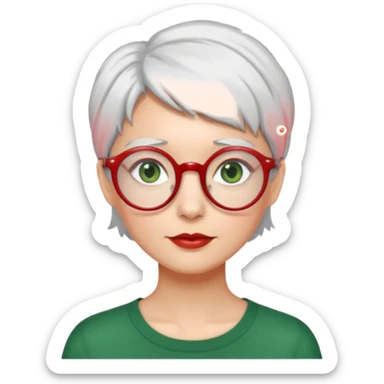 visage femme a lunettes ronde rouge fine avec cheveux courts gris-blancs aux yeux verts sticker