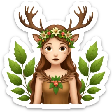 forest fairy woman dressed as deer spirit, antler crown and leaf dress, standing in flowers sticker