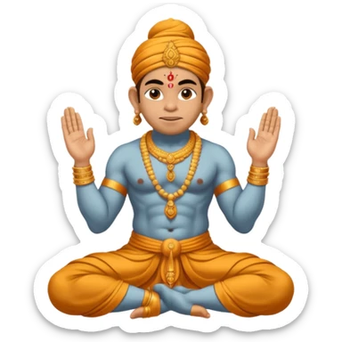 Hanuman ji seated and praying with close eyes with golden mukut and only in dhoti no upper wearings and tail behind sticker