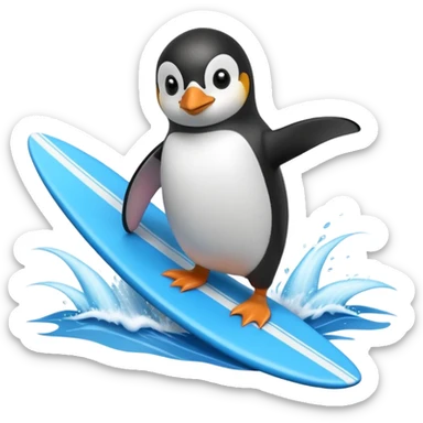 a penguin surfing with a blue surfboard sticker