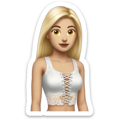 hyperrealistic caucasian female, long straight blonde hair, white lace up crop top, grey mini skirt, body view sticker