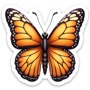 Cinematic Realistic Cute monarch Butterfly Portrait Emoji, Head tilted playfully and inquisitively, featuring vibrantly patterned ruby wings with intricate detailing and a charming, petite body with round, sparkling eyes full of warm curiosity, rendered with lifelike precision and natural highlights, high shine, affectionate and spirited, styled with a touch of whimsical garden delight, soft glowing outline, capturing the essence of a mischievous yet lovable monarch butterfly that seems poised to flutter playfully into your arms! sticker