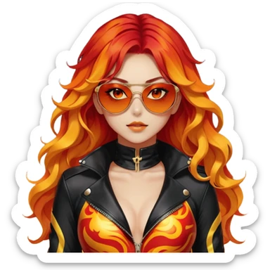 Beautiful gorgeous anime lady with beautiful fiery long fiery-warm-red-orange-yellow-gradient-wavy-special-hair, fashion aesthetic, black sunglasses, accessories, gold jewelries, red-and-yellow sunny-pattern-eyes, black latex-suit, biker-woman, cool, badass sticker