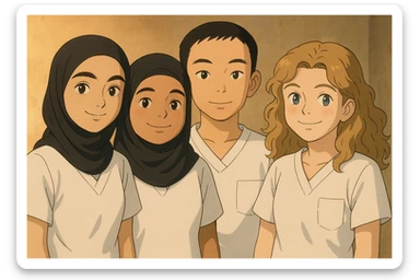 Illustrate four nursing students standing side by side in a warm atmosphere, wearing short-sleeved white uniforms without undershirts or stethoscopes, inspired by the four provided faces, in Ghibli style. sticker
