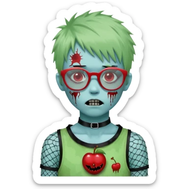 White hair, Ghoulia yelps monster high doll in scene/emo style cherry print dress with fishnet sleeves, clothes, thin, small, red, rectangle glasses, pale white-blue skin, pale-green shaggy short hair , zombie scars , boy, punk choker sticker