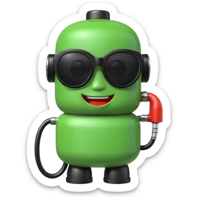 A cute 3D icon of a green gas pump character wearing oversized black sunglasses. Round and chubby proportions, glossy toy-like texture, soft pastel lighting, friendly expression, smooth edges, high-quality render, isolated on a transparent background. sticker