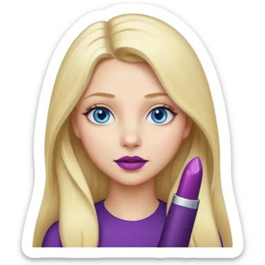 Girl, long blond hair, blue eyes, eggplant as lipstick sticker