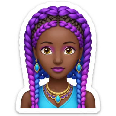 Create me an emoji of a beautiful Ethiopian Queen of Sheba with amazing braids wearing a neon purple and blue gradient African patterns. sticker