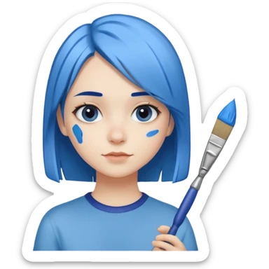 Chica con el pelo azul lacio y que tenga un pincel en las puntas pintado de azul sticker