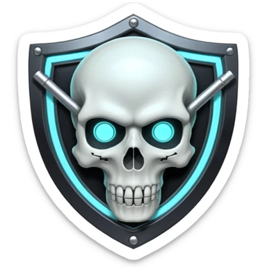 Futuristic shield badge, metallic tubes entwined, skull center, dark anime 90s style, no background sticker