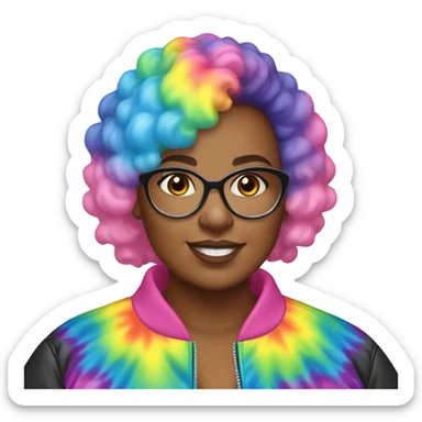 Plus size black woman with pink curly pixie cut hair and a rainbow tie dye bubble jacket  sticker