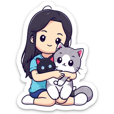 Girl with straight black long hair hugging a colorpoint ragdoll plush toy and a tricolor long-haired cat sticker