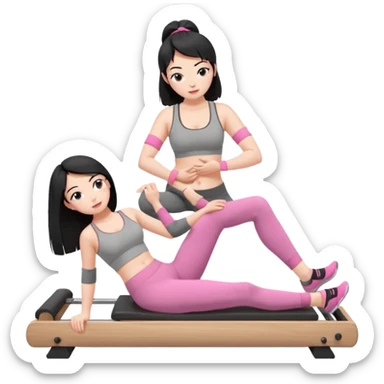 Create a Pilates emoji: a girl with fair skin and black hair, wearing a grey bra and grey leggings with pink pilates socks, doing sitted stomach massage on a wooden reformer and not looking at the camera. Make the colors neutrals. sticker