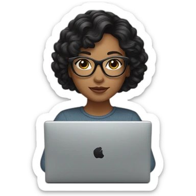 young woman with black wavy hair and square black glasses on computer sticker