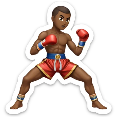 Cinematic Realistic Traditional Muay Thai Emoji, depicted as an intense dynamic martial arts scene featuring a fighter in traditional Muay Thai stance and attire, rendered with rich textures and energetic dramatic lighting that captures the sport's raw power. sticker