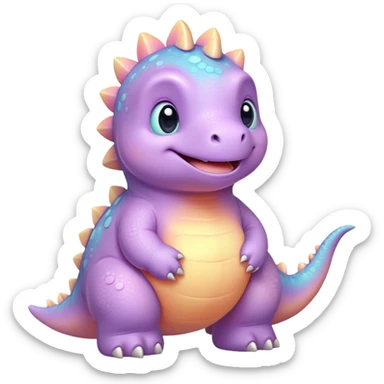 Cinematic tiny pastel dinosaur, chubby round body, tiny feet, big sparkling eyes, soft glowing colors, happy and friendly expression, radiating warmth. sticker
