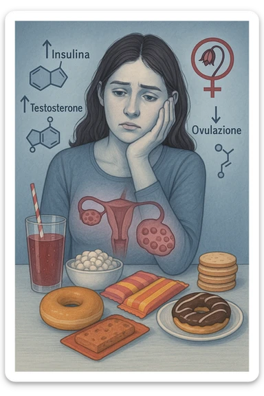 Donna tra i 25 e i 35 anni con espressione affaticata e delusa, seduta a tavola. Davanti a lei cibi ad alto indice glicemico: dolci industriali, cereali raffinati, bibite zuccherate. In trasparenza sopra il suo corpo si vedono ovaie con cisti multiple (PCOS) e un simbolo stilizzato di fertilità (utero con fiore appassito o cerchio spezzato). Attorno a lei fluttuano molecole simboliche come '↑ Insulina', '↑ Testosterone', '↓ Ovulazione'. Atmosfera triste ma educativa. Colori freddi con accenti in rosso e viola. Stile realistico con elementi visivi simbolici chiari in italiano sticker