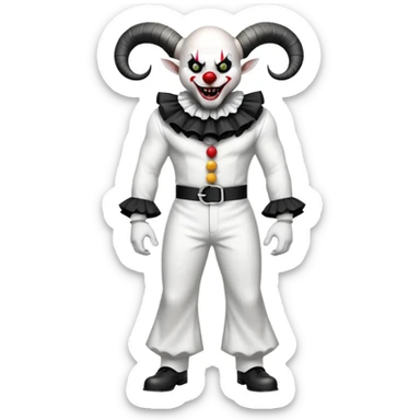 full-body muscular demonic clown in black and white leisure suit with bellbottom pants, bald, black ram horns, flashy black and white belt, ruffled white shirt, no neck tie, large fangs sticker