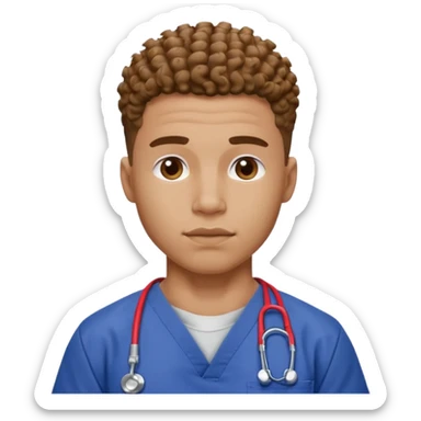 Ripped, athletic man with thick neck, high top fade with no part, curly hair only top only, and show waistline up, add scrubs, man face sticker