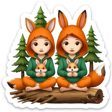 two forest women with cute fox and rabbit hoodies sitting together on log sticker
