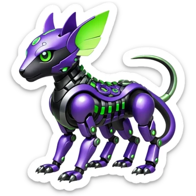 Futuristic mechanical cyborg modern badass cool shiny metallic alloy black-obsidian purple neon-green white lime animal hybrid Fakemon full body with intricate patterns sticker