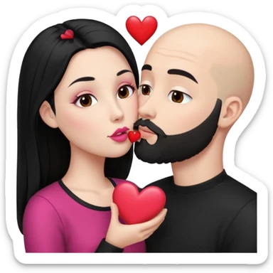 👩🏻‍❤️‍💋‍👨🏻 this one but the man should be bald. white woman with long black hair and white bald young man whoitiut hair and a heart between their heads. she has pink lips and both have brown eyes. he has e full beard but short. both wear black. they kiss slowly sticker