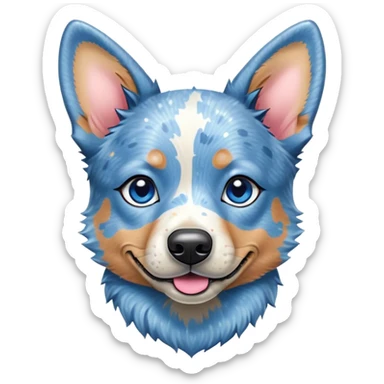 Cinematic Cute Blue Speckle Australian Cattle Dog Portrait Emoji, Head tilted playfully and inquisitively, featuring a vibrant blue speckle Fur with dynamic patterns, round, sparkling blue eyes filled with curiosity, Simplified yet irresistibly adorable features, highly detailed, glowing with a warm, friendly glow, high shine, affectionate and energetic, stylized with a touch of whimsy, bright and endearing, soft glowing outline, capturing the essence of a mischievous yet loving pup, so playful it feels like it could bound out of the screen and into your arms! sticker
