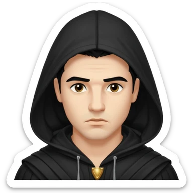 A handsome man with fair complexion. masculine, roman, slightly crooked nose. Thick triangular eyebrows. Hooded eyes and black pupils.  pouty lips with a heavy top lid.  thick black hair  80/20 part with an undercut.  sticker