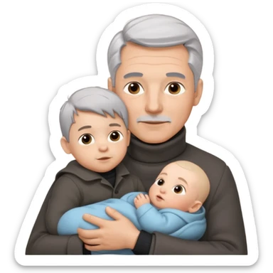 A father with silver-grey hair styled neatly and a clean-shaven face, wearing a dark turtleneck and wool coat, holding his baby sticker